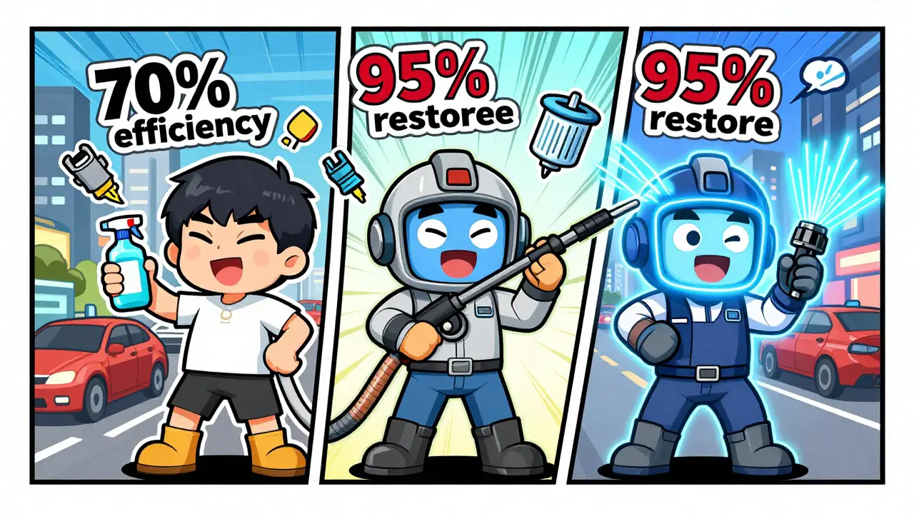 Сравнение трех методов очистки в виде комикс-панели с механиками и эффектными иконками.