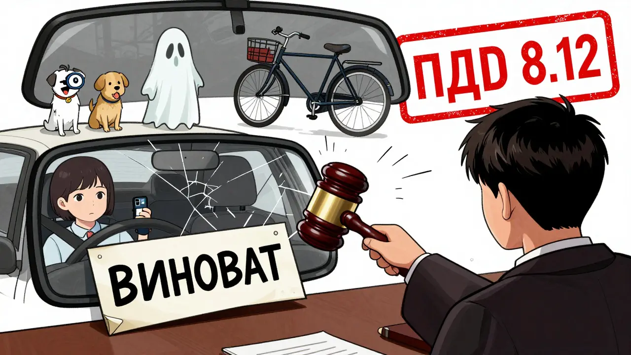 Судебная сцена: водитель признан виновным за движение задним ходом, вокруг — призраки жертв.