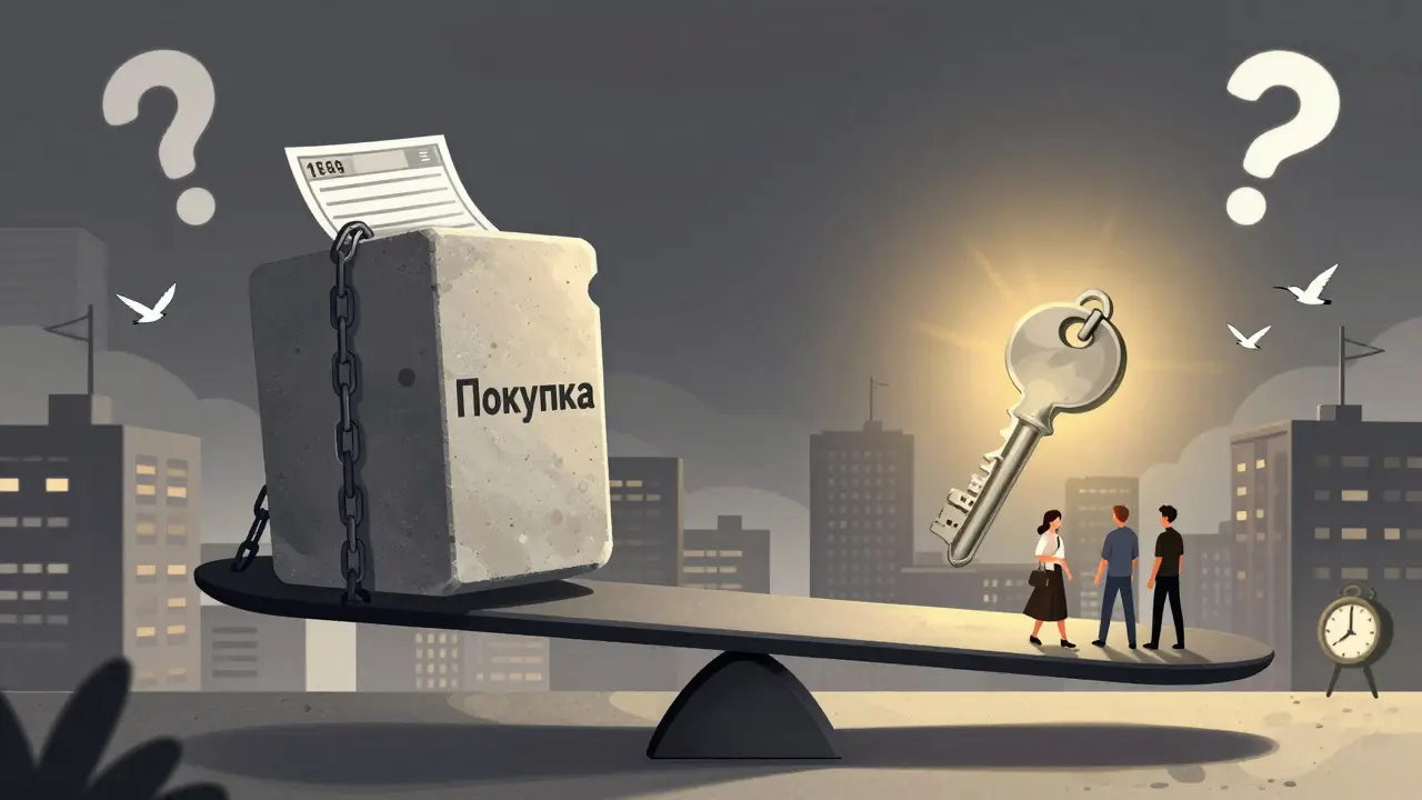 Весы: тяжелая бетонная плита против легкого ключа — символ выбора между привязкой и свободой.