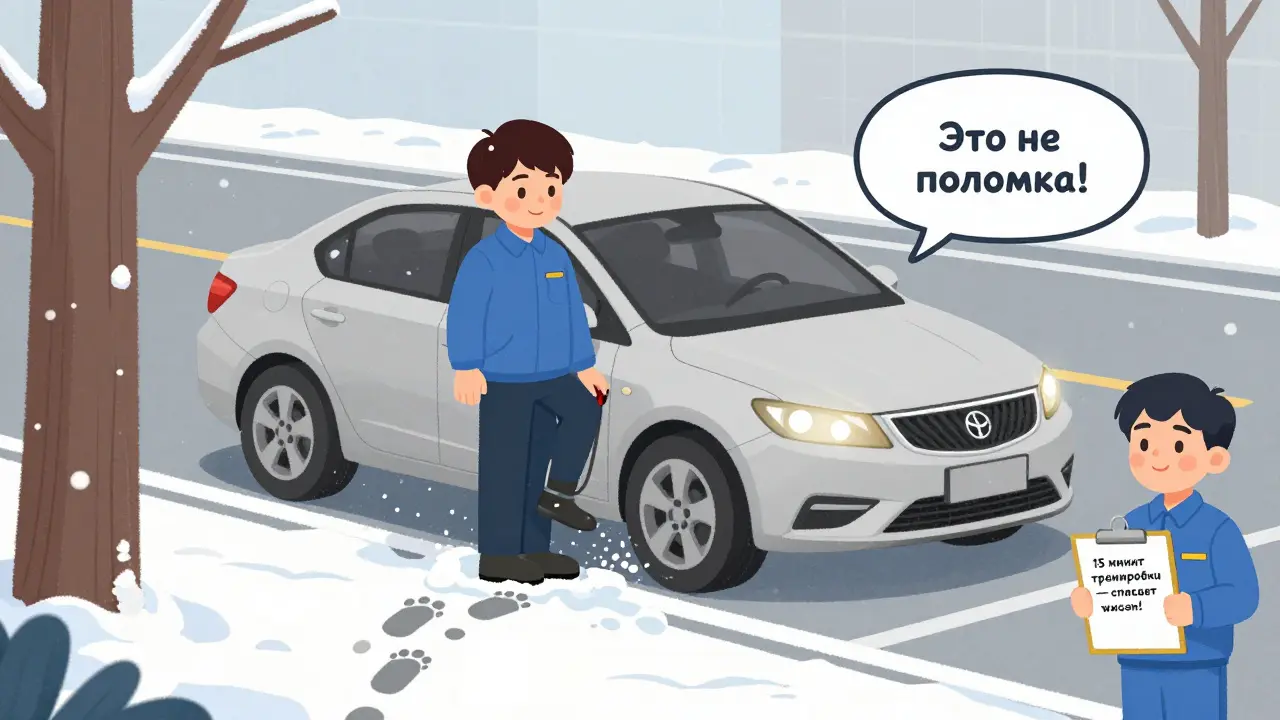 Водитель тренируется на заснеженной парковке, спокойно применяя ABS, машина остановилась рядом с деревом.