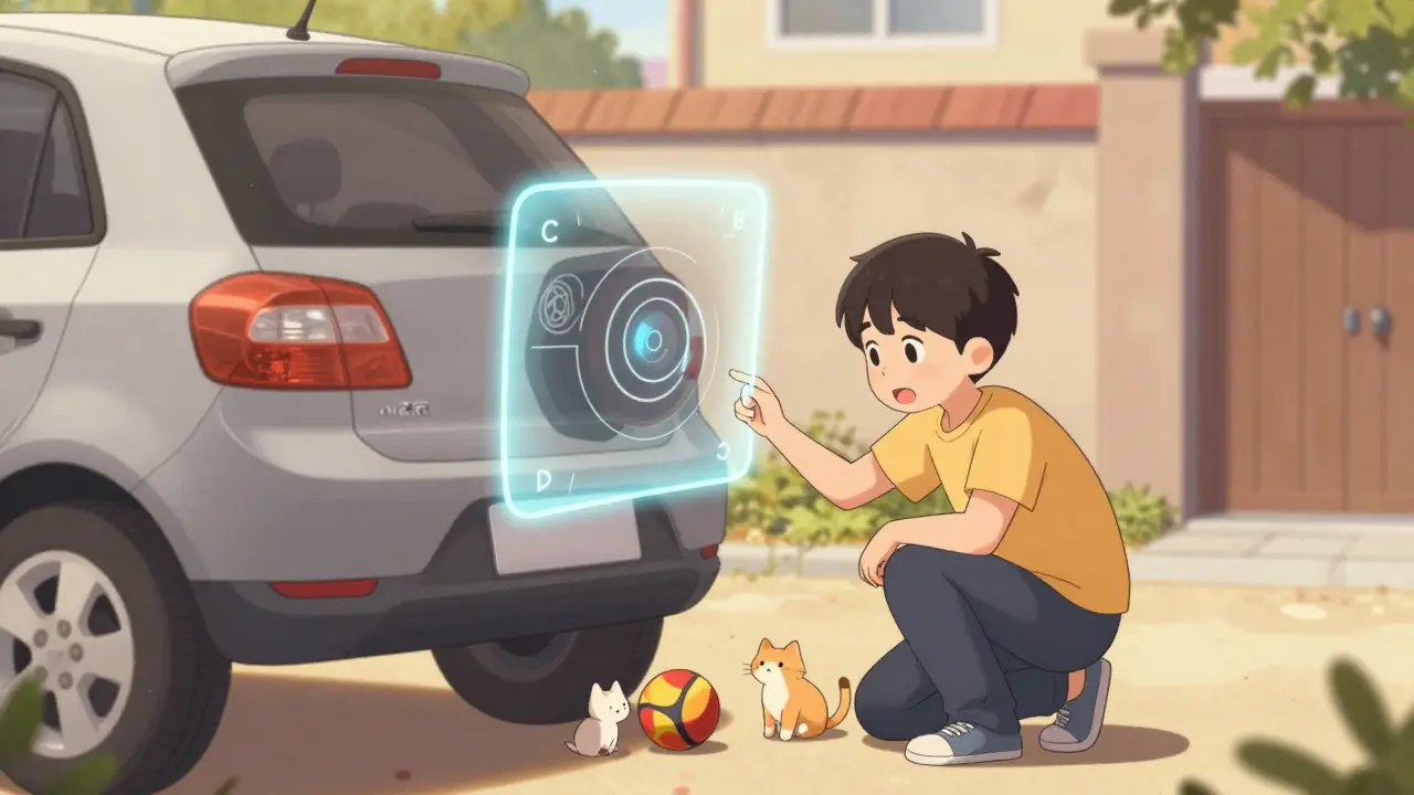 Водитель вышел из машины и осматривает зону позади, замечая ребенка и собаку.