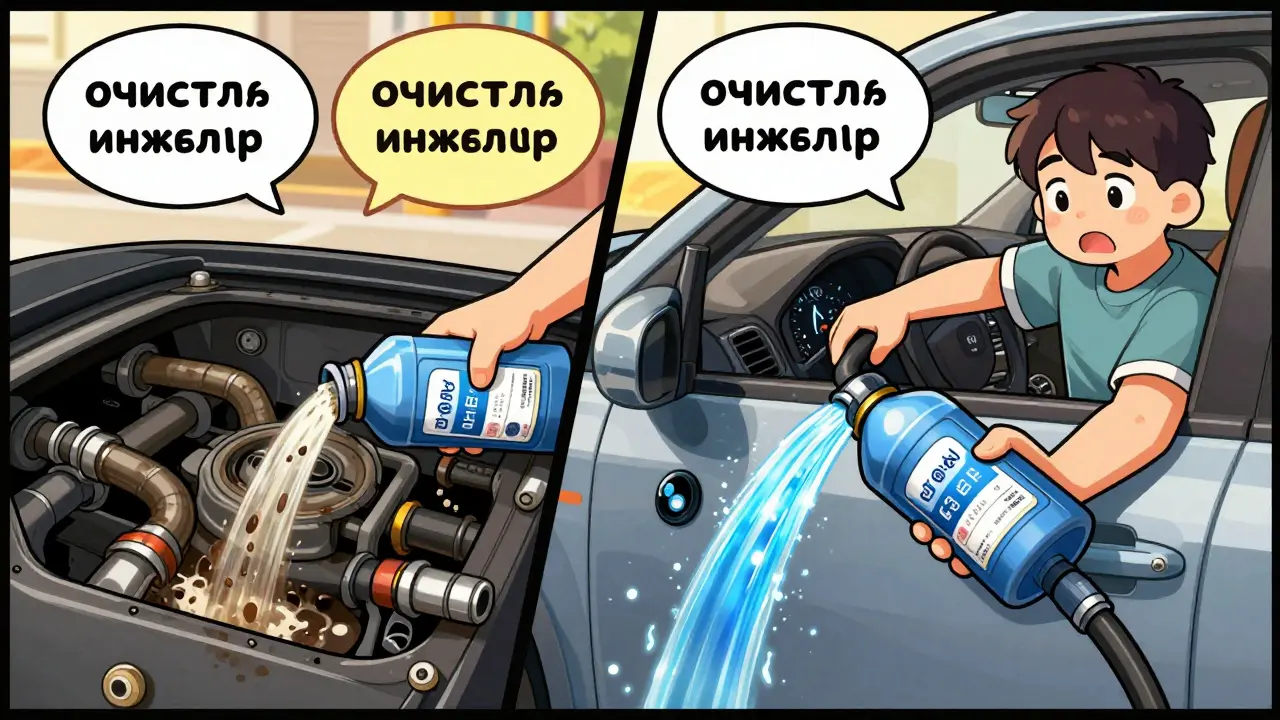 Водитель заливает очиститель в бак, с визуальным сравнением грязной и чистой топливной системы.