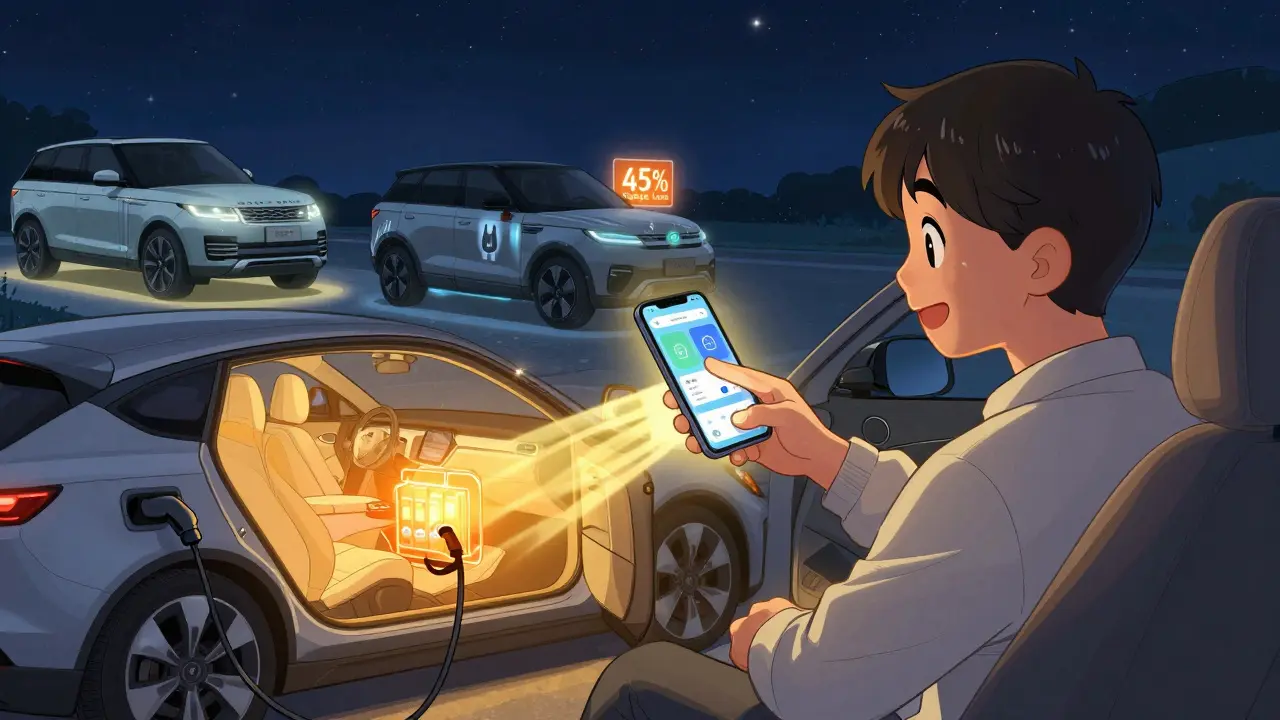 Водитель запускает предварительный прогрев машины через приложение ночью, машина тепло светится в холоде.