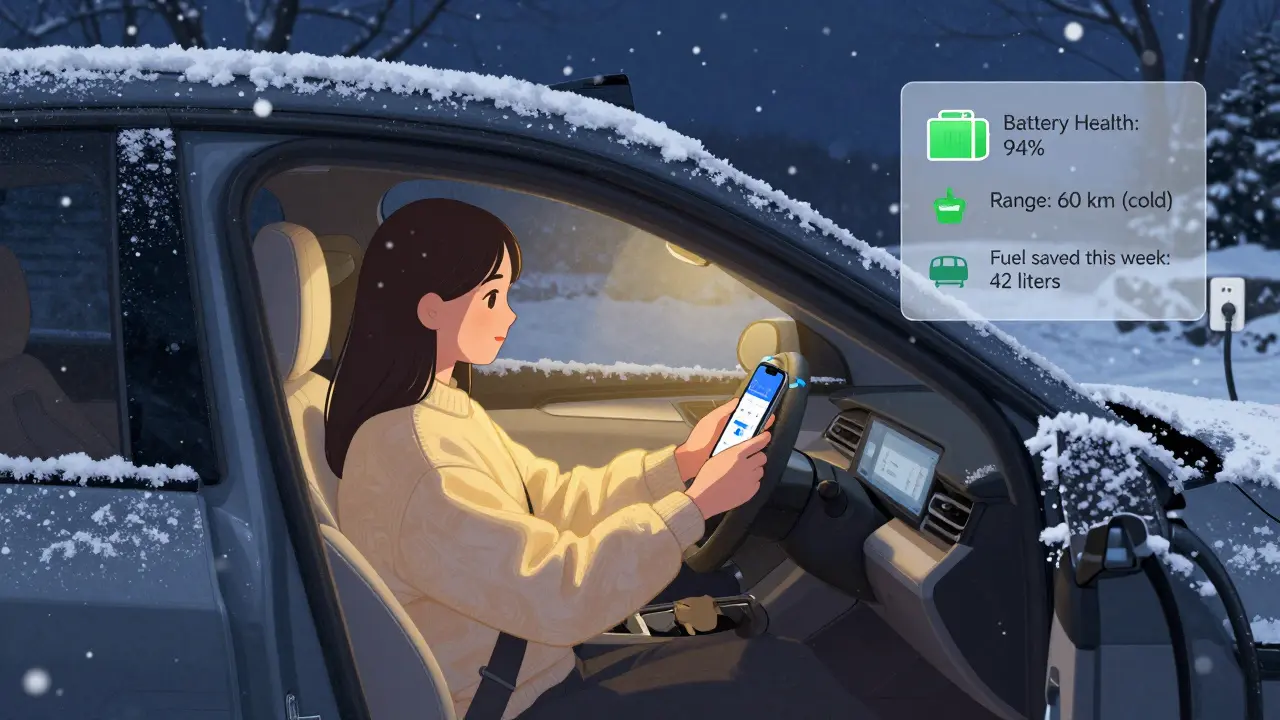 Зимой водитель предварительно прогревает салон plug-in гибрида через приложение, машина подключена к розетке.