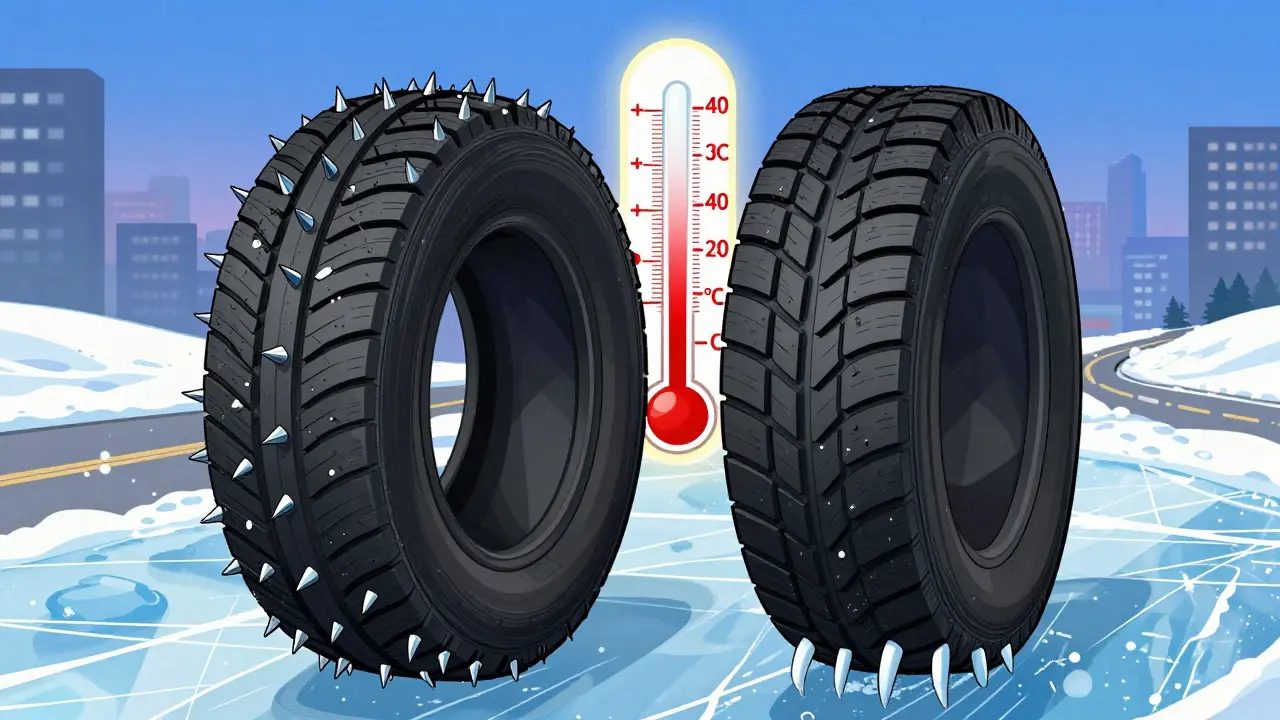 Два зимних шины рядом: одна с шипами, другая с сотнями ламелей, на фоне термометра и льда.