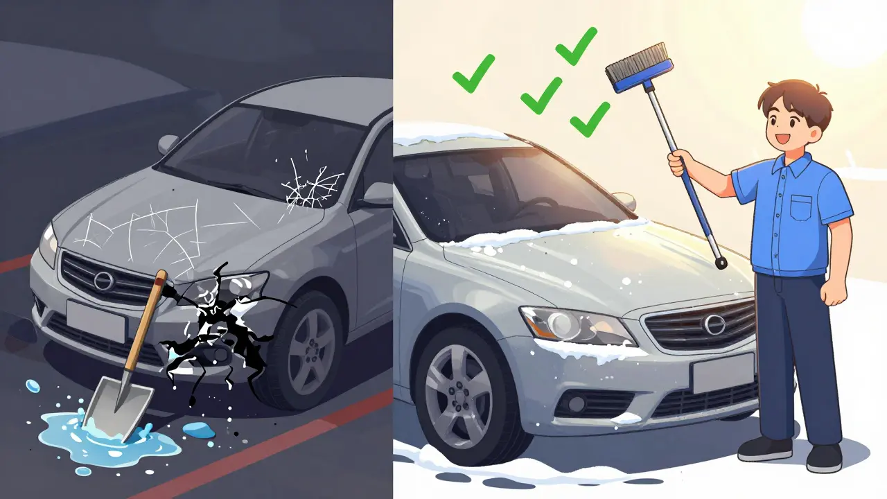 Двусторонняя иллюстрация: слева — поврежденная машина после неправильной очистки, справа — чистая машина с правильными инструментами, между ними стрелка с галочкой.