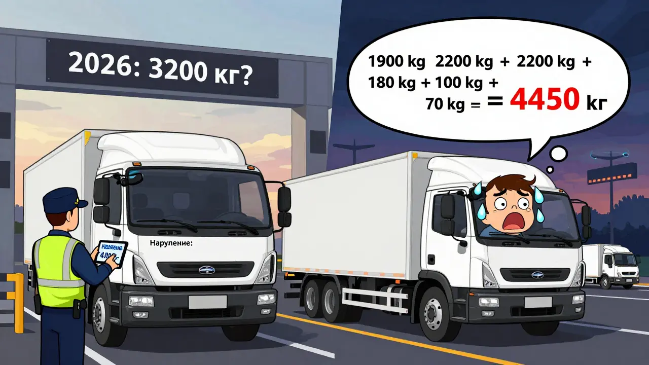 Грузовик остановлен инспектором из-за перегруза, в мысленном облаке показаны все компоненты веса, превышающие лимит.