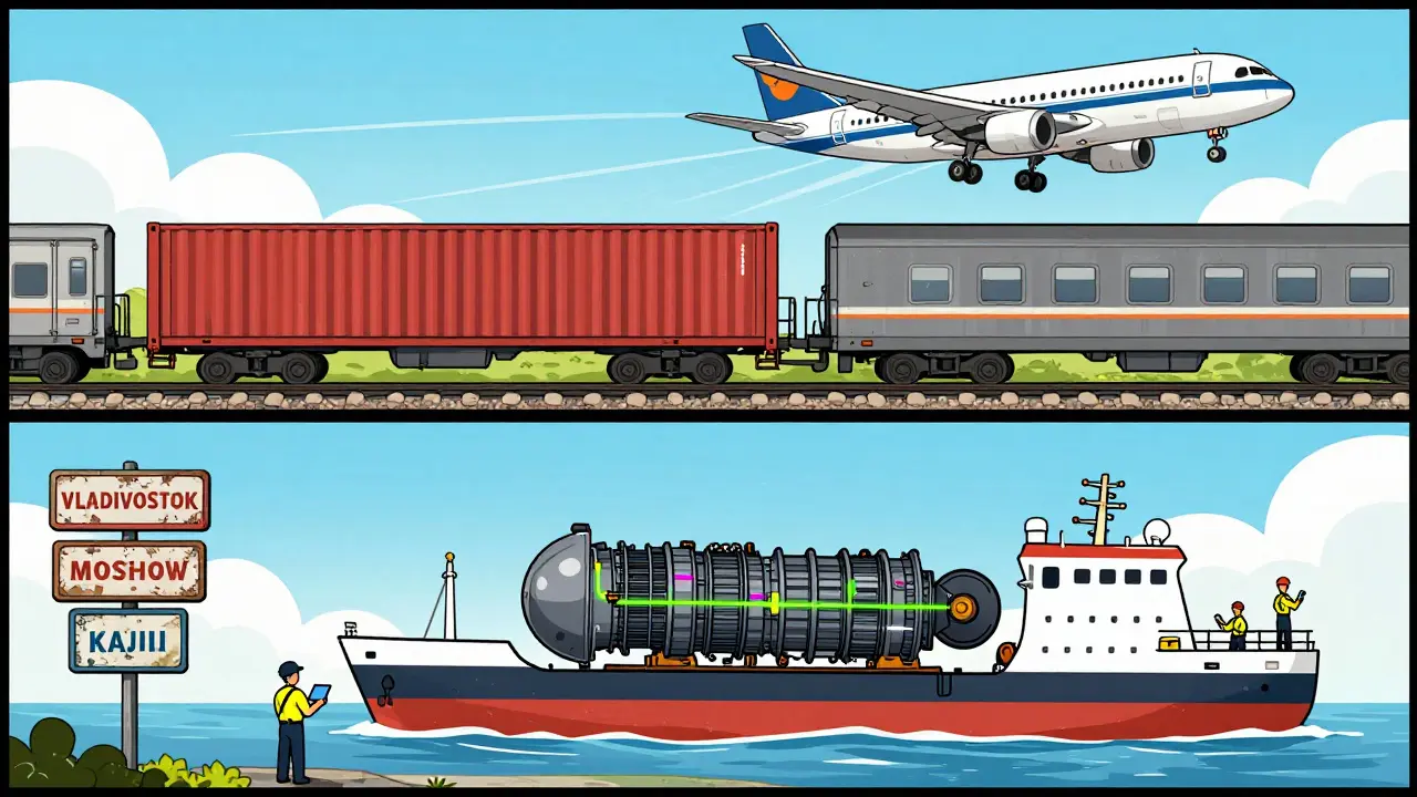 Грузовой поезд перевозит запчасти из Китая через Сибирь, авиаперевозка и морской путь показаны параллельно.