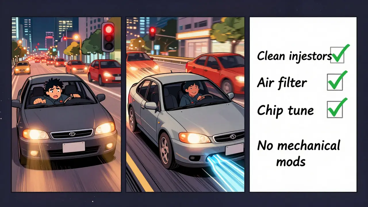 Комикс-панель: водитель сначала злится, потом улыбается, когда машина резво разгоняется после безопасного тюнинга.