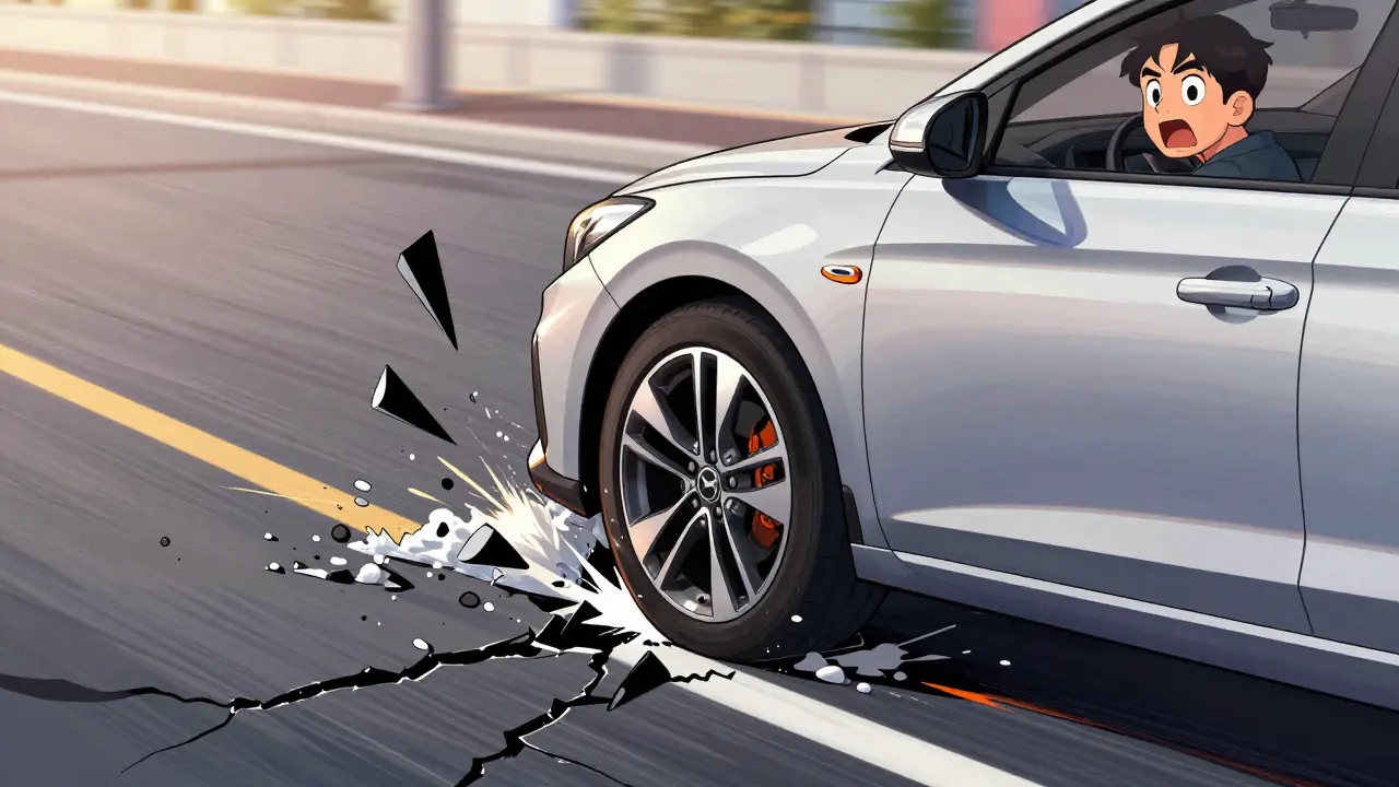 Литой диск разрушается при ударе о бордюр, осколки летят в воздух.