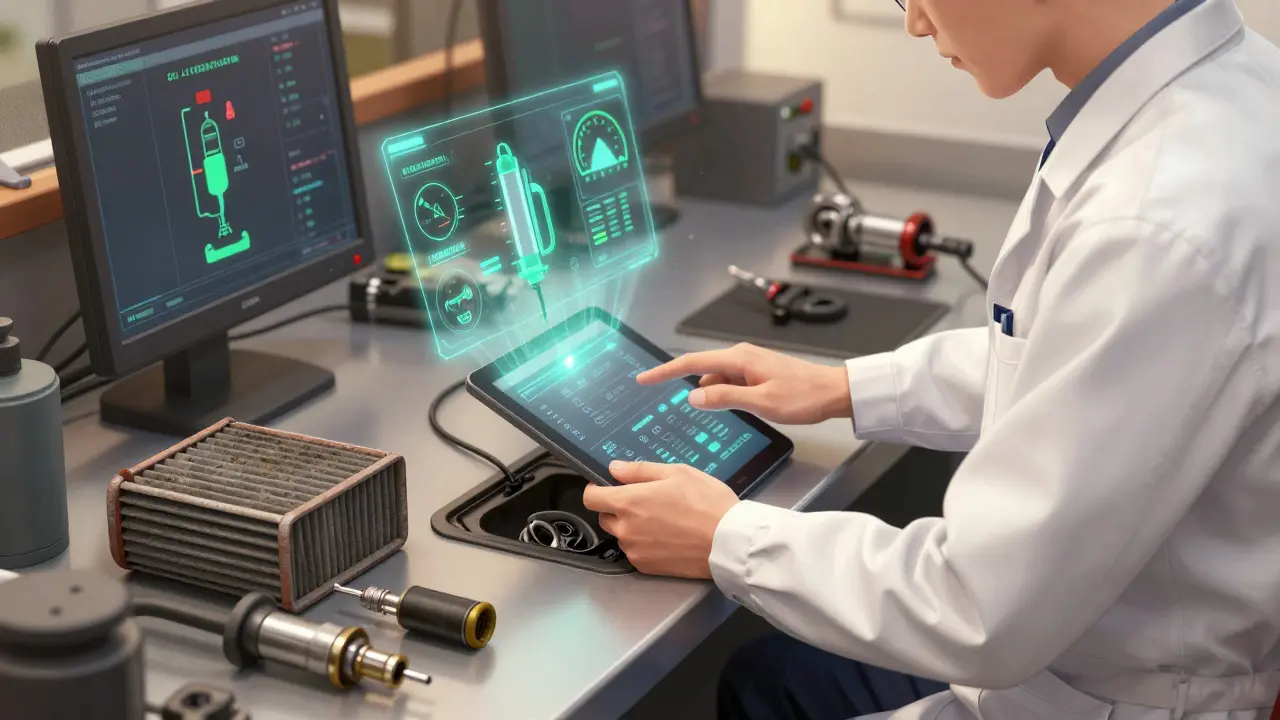 Механик подключает планшет к машине в сервисе, вокруг — голографические показатели здоровья двигателя.