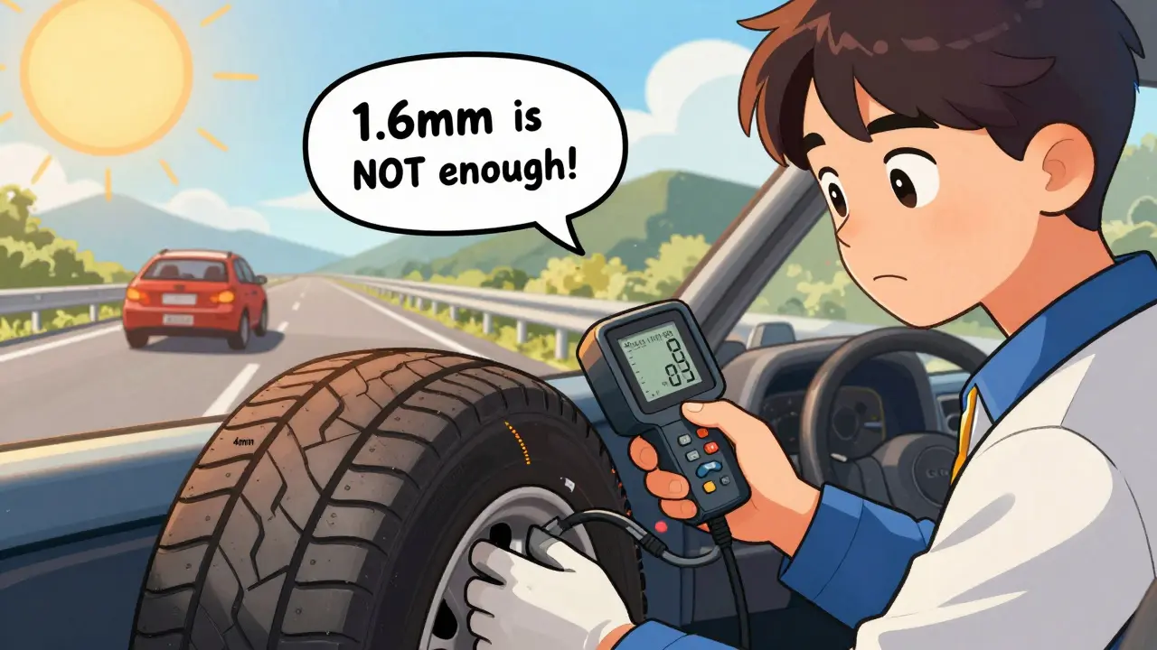 Механик проверяет глубину протектора шины, на фоне шоссе и перегревающегося автомобиля.