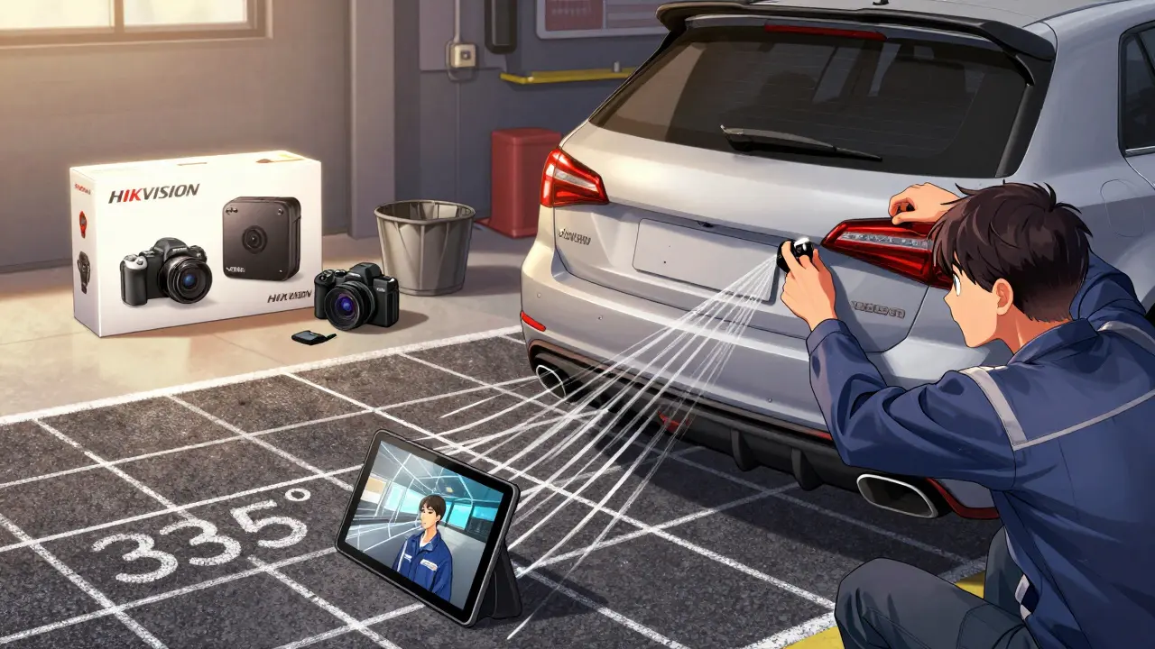 Механик устанавливает камеру выше номера на багажнике, на асфальте — разметка под углом 135°, на экране — точное совпадение.