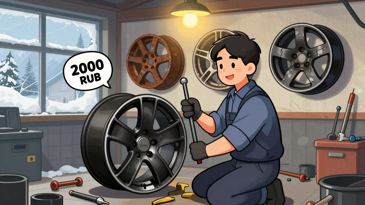 Механик выправляют кованый диск в гараже, рядом лежат поврежденные диски.