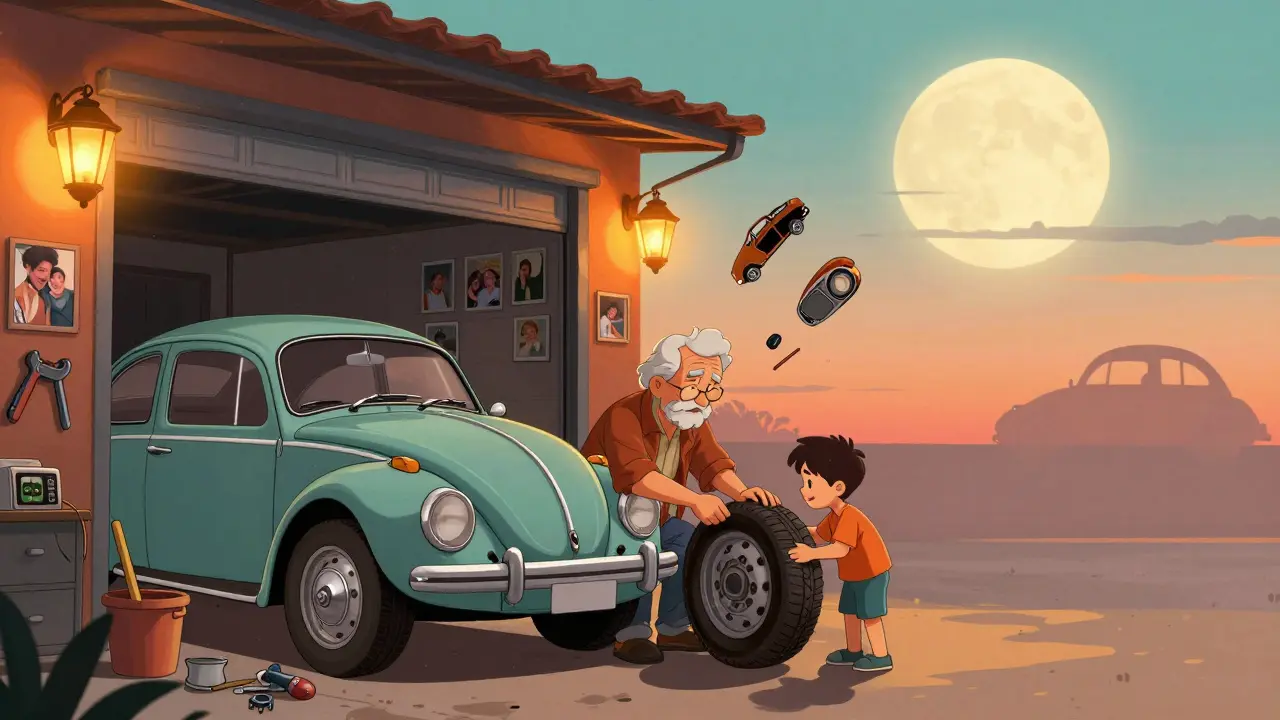 Мексиканский дедушка чинит свой Vocho в гараже, мальчик учится менять колесо, вокруг — свет и воспоминания.