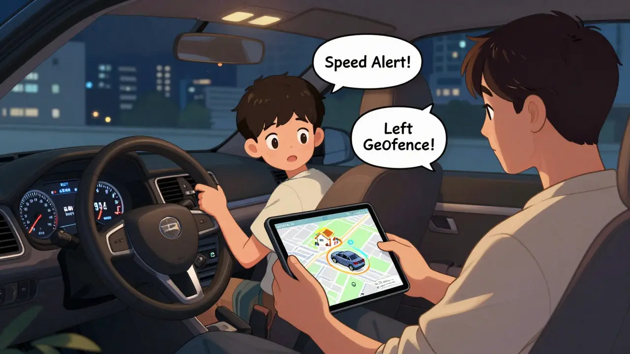Отец наблюдает за скоростью и местоположением машины своего подростка через приложение на планшете.