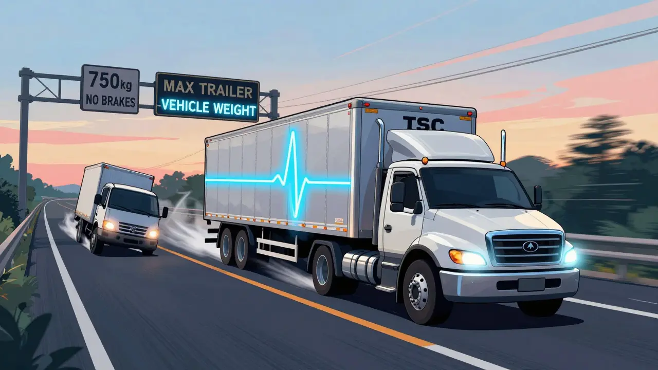 Пикап с прицепом едет по трассе, между ними светится система стабилизации TSC, прицеп стабилен.