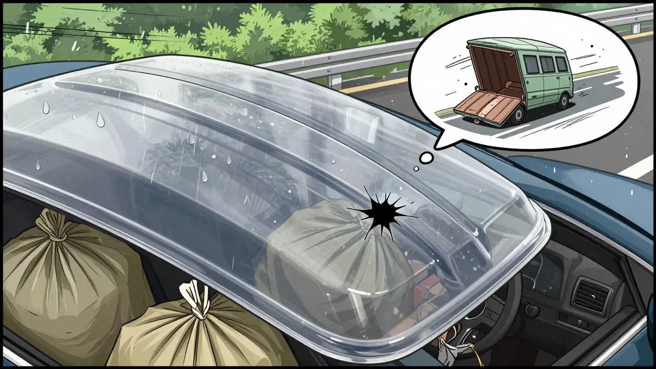 Пластиковый багажник на крыше переполнен, крышка не закрывается, дождь капает сверху.