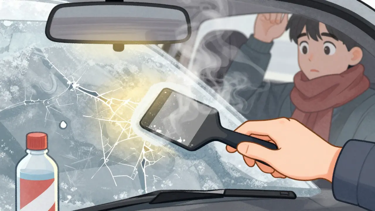 Рука аккуратно счищает лед с лобового стекла резиновой щеткой, на стекле виден пар от тепла салона, рядом бутылочка средства для разморозки.