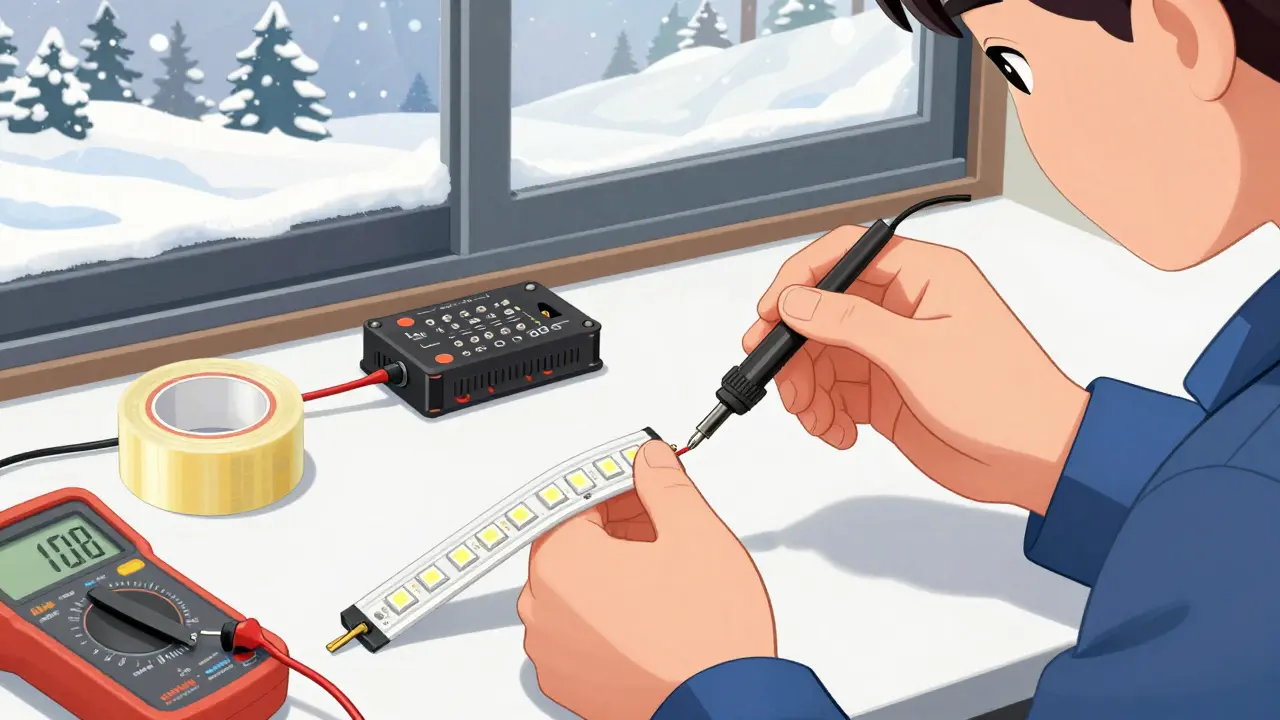 Руки мастера паяет провода к LED-ленте с стабилизатором и автомобильным скотчем на столе.