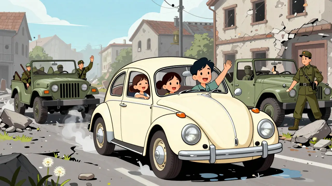 Семья едет на Beetle через разрушенный город после войны, солдаты машут им из джипа, цветы растут из трещин.