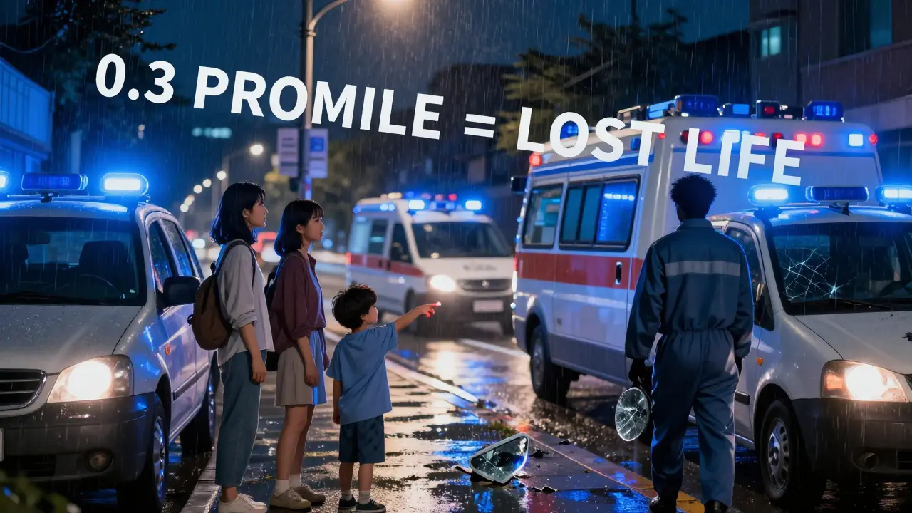 Семья смотрит на скорую, вдалеке — водитель в тюремной форме, рядом — машина с алкозамком и дождь.