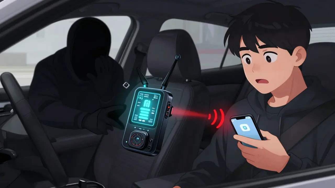 Скрытый GPS-трекер под сиденьем автомобиля отправляет сигнал тревоги, когда злоумышленник пытается завести машину.