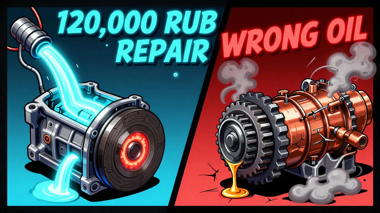 Сравнение автоматической и механической коробки передач: справа — перегрев фрикционов, слева — разрушение шестерён от неподходящего масла.