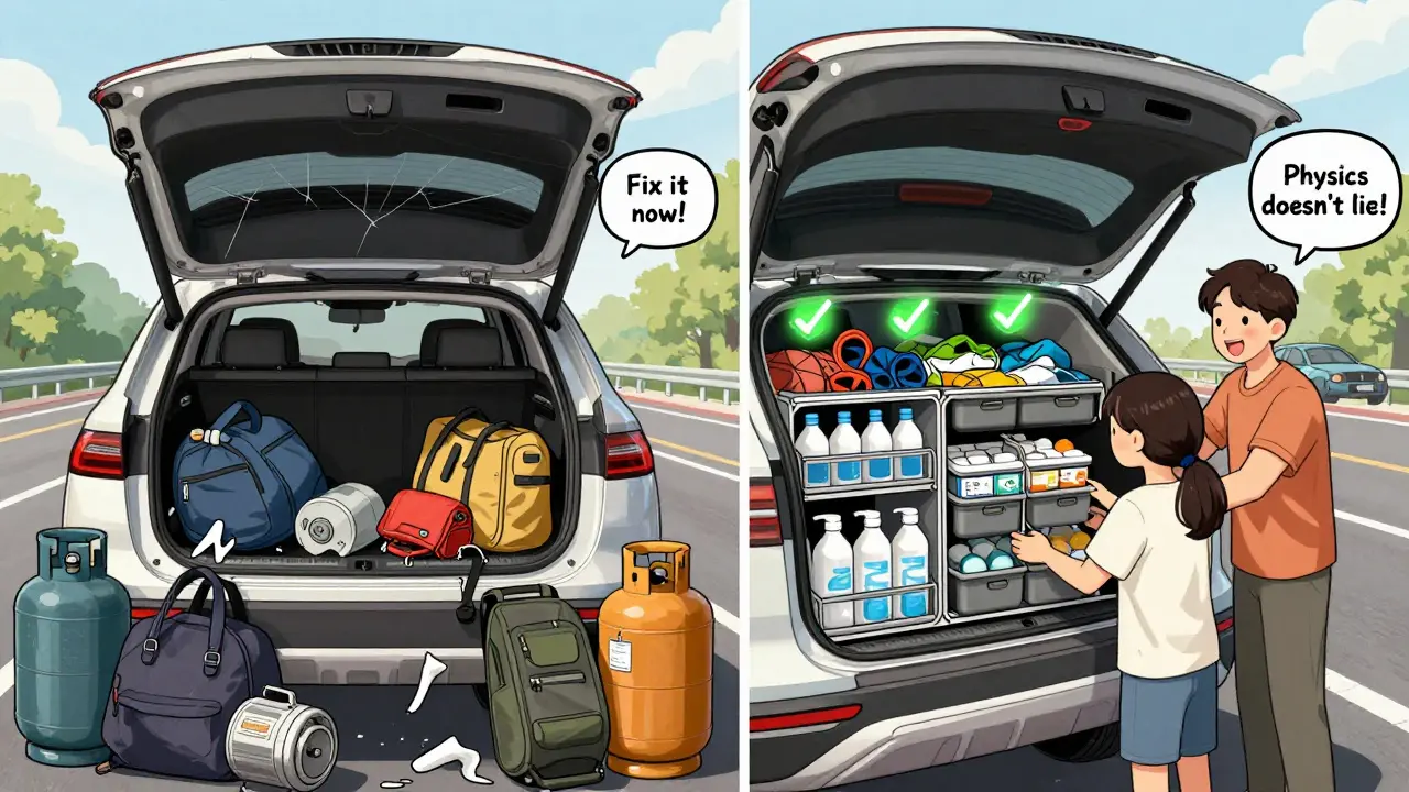 Сравнение: хаотичный багажник слева и упорядоченный с модульными контейнерами и датчиком — справа.