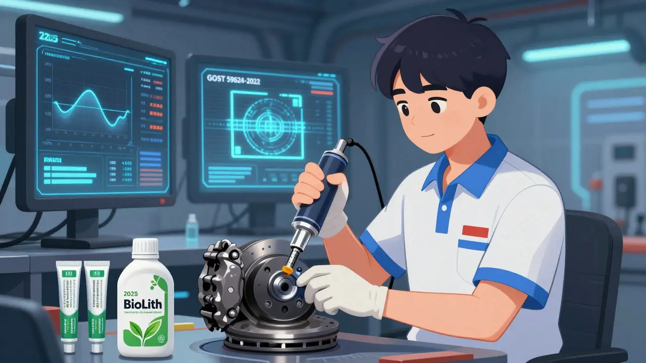 Техник наносит нано-смазку на суппорт, на экране — маркировка GOST 2025, рядом — биосмазка.