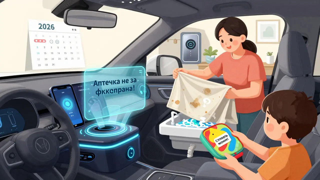 Умный органайзер в багажнике светится и отправляет уведомление на телефон, а мама стирает старый тканевый органайзер.