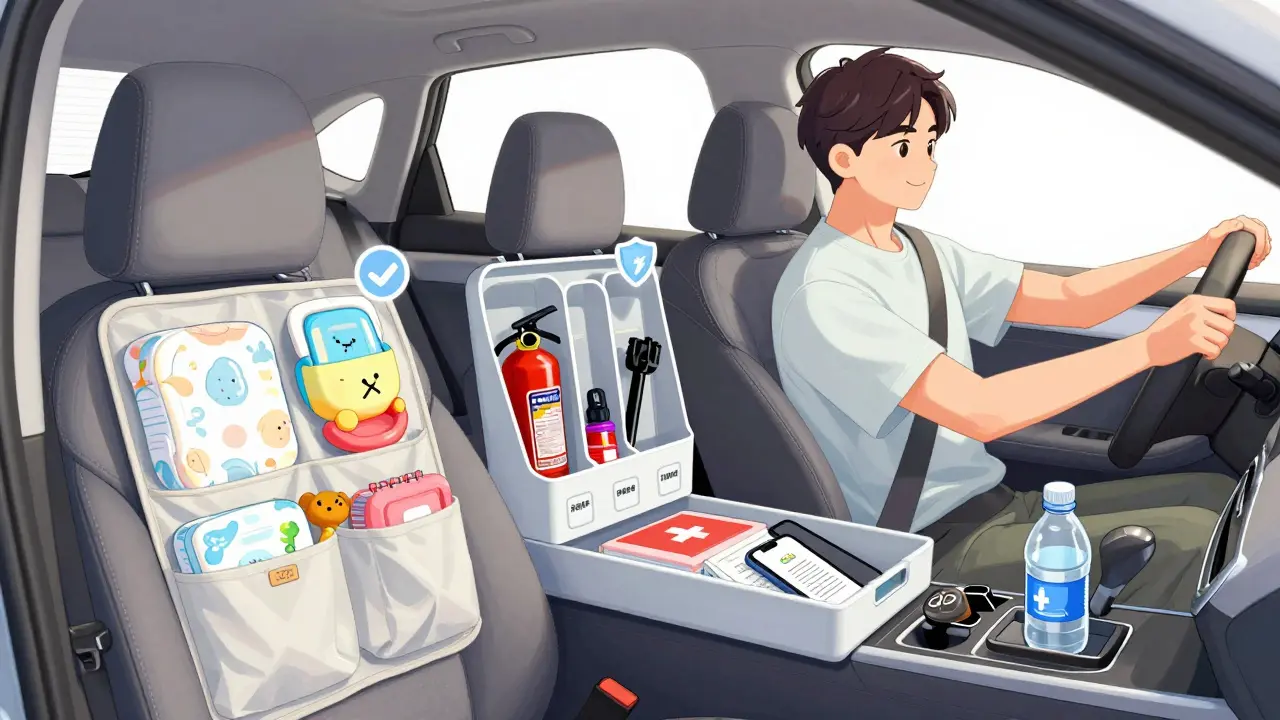 Упорядоченный салон с органайзерами: на спинке сиденья — игрушки, в багажнике — аптечка и инструменты, на центральной консоли — ключи и телефон.