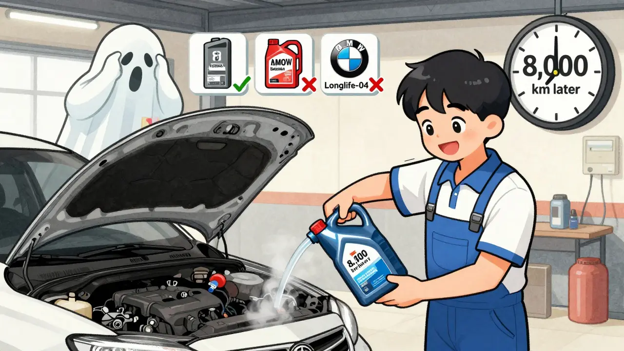 Владелец автомобиля заливает неподходящее масло, а призрак механика предупреждает о дорогом ремонте, вокруг — значки допусков масел.