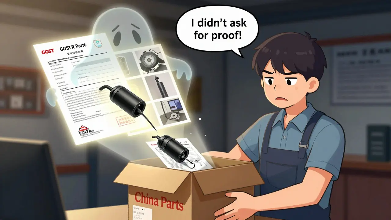 Владелец автосервиса открывает коробку с бракованной деталью и поддельным сертификатом.