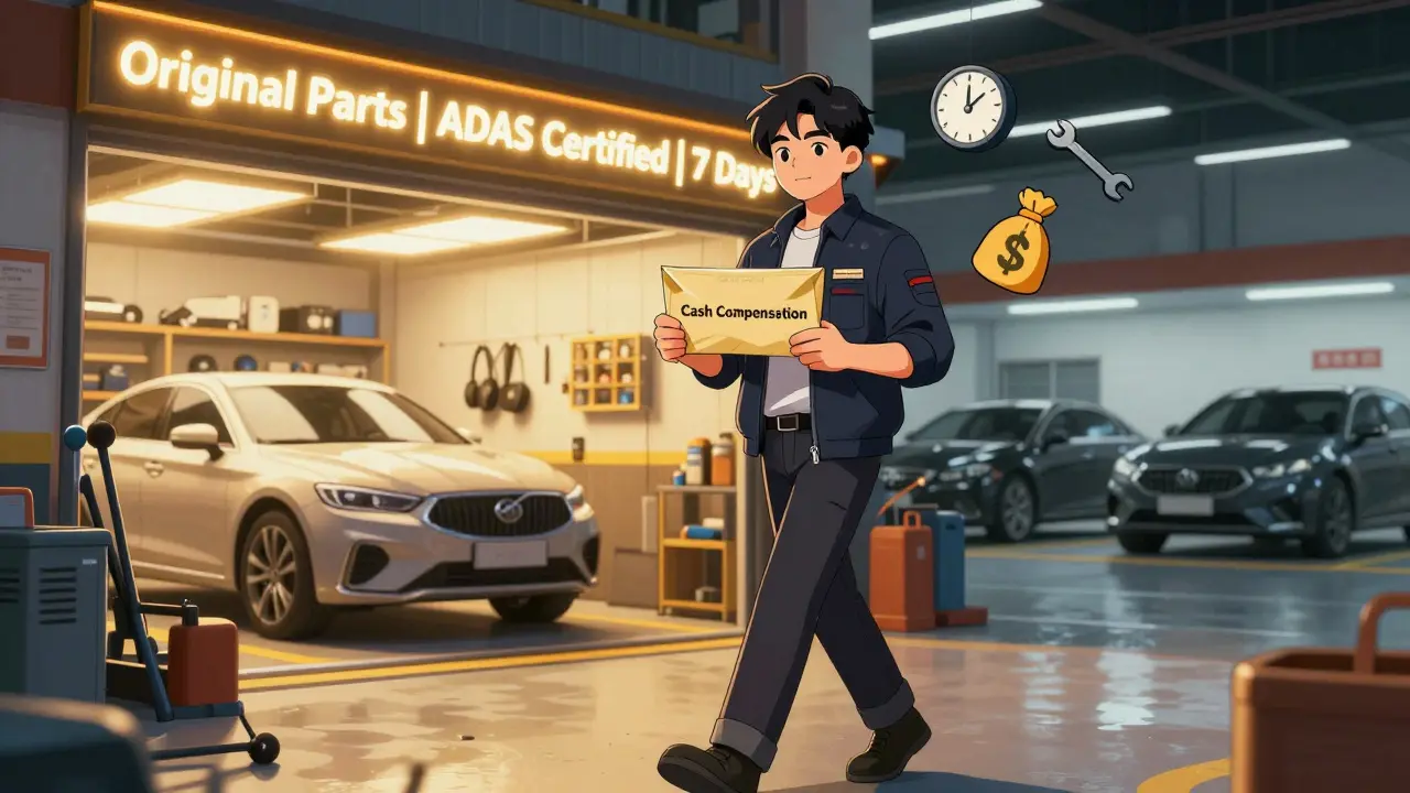 Владелец получает денежную компенсацию и идет к современному независимому сервису с надписью 'Оригинальные запчасти'.