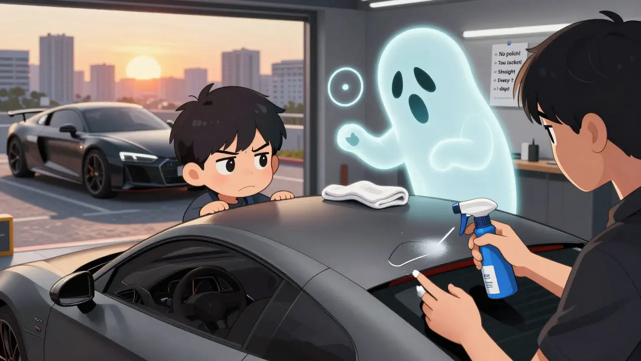 Владелец смотрит на глянцевое пятно на машине, рядом профессионал восстанавливает покрытие с чек-листом.