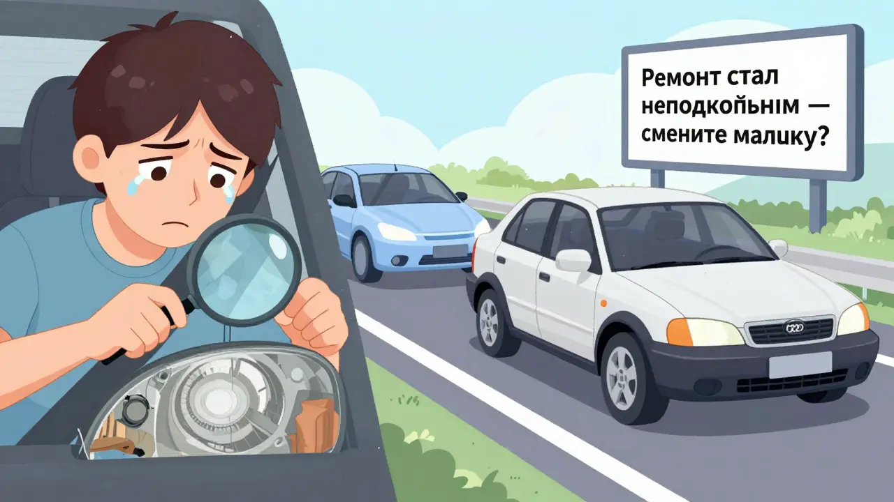 Водитель осматривает б/у фару, а рядом — его машина едет по дороге, фоном — новый отечественный автомобиль.