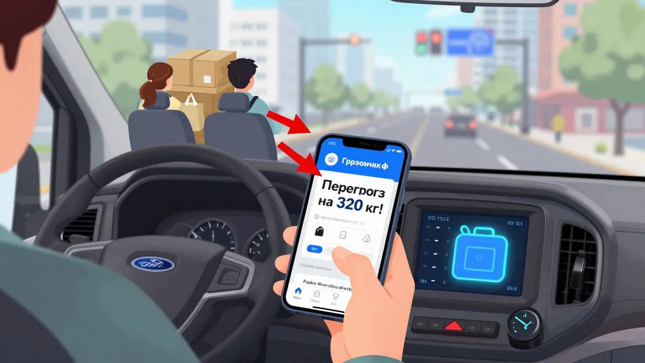 Водитель смотрит на экран приложения на телефоне, показывающего перегруз грузовика, пассажиры и инструменты в кузове.
