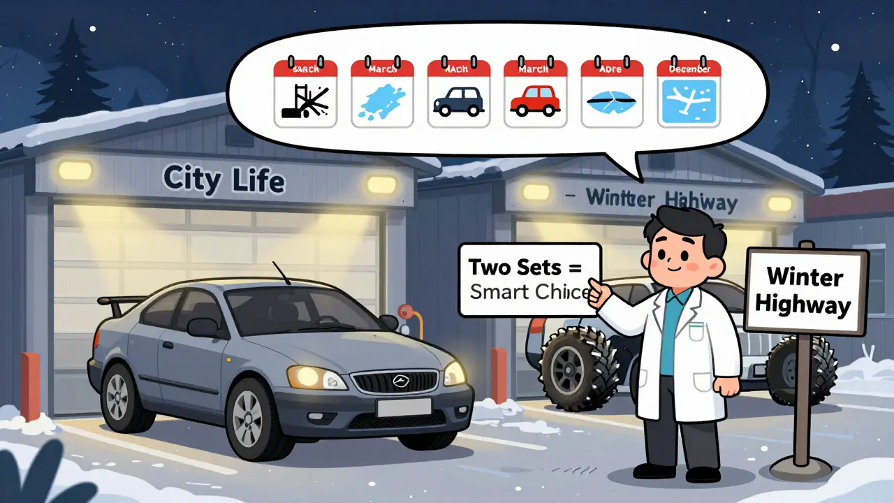 Водитель выбирает между двумя комплектами зимних шин — для города и для трассы, в гараже.