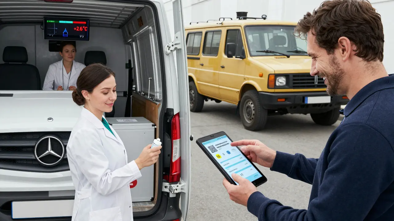 Водитель выгружает вакцины в аптеку, а на экране монитора — тревожный сигнал температуры +2.6°C.