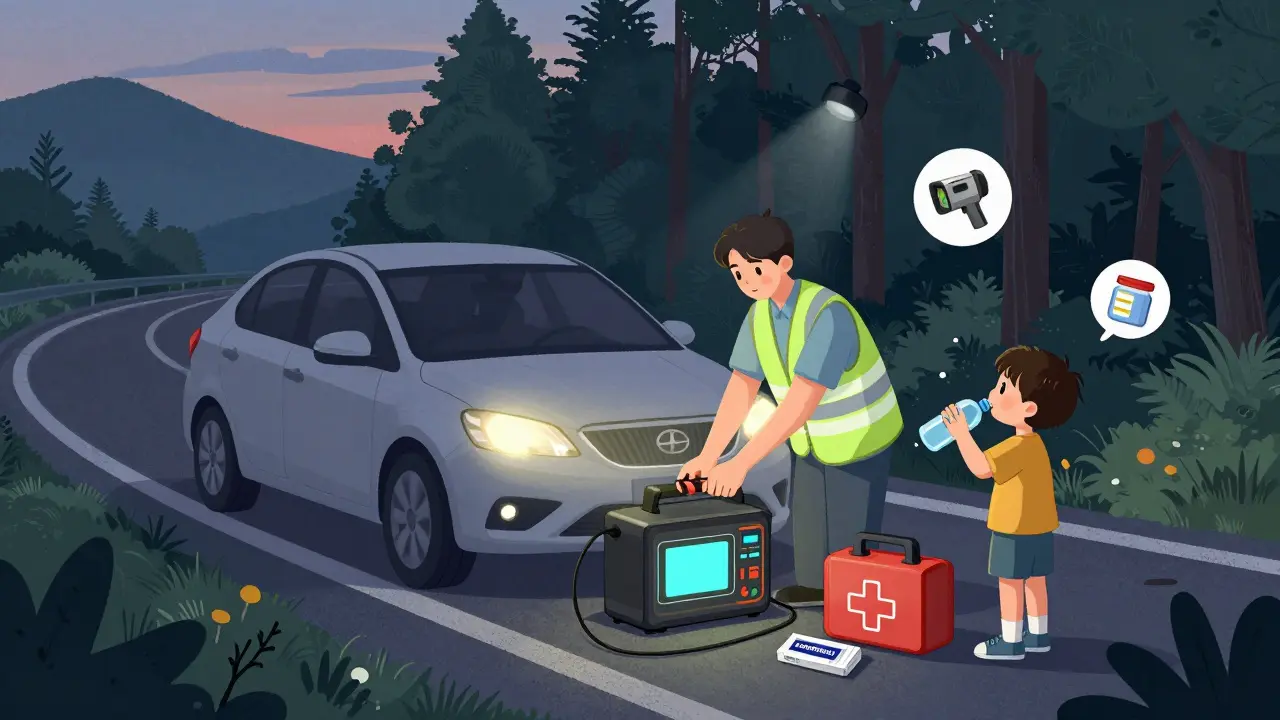 Водитель запускает машину с помощью портативного блока питания у дороги в лесу вечером.