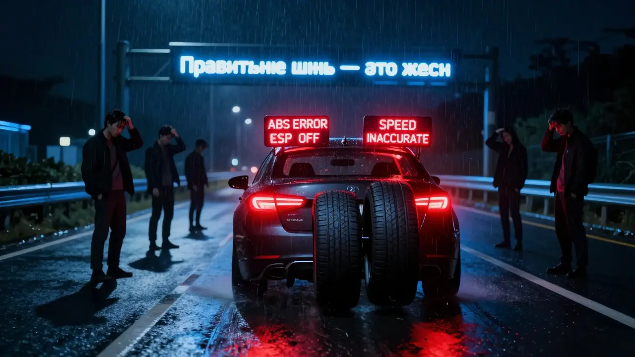 Автомобиль на мокрой трассе с предупреждениями об ошибках из-за неподходящих шин и надписью 'Правильные шины — это жизнь'.