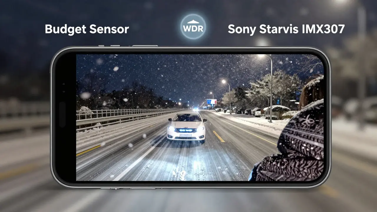 Четкое видео с дорожной сцены в мороз: номера, снежинки и текстуры одежды видны на экране смартфона.