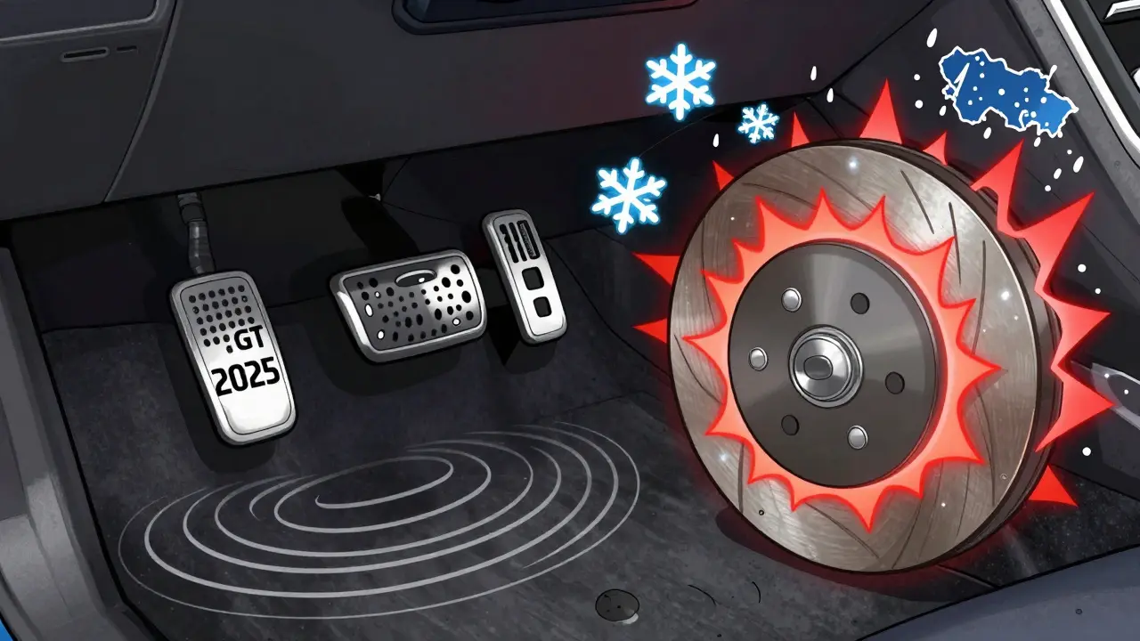 Contrasting brake systems of Changan Uni-V and Kia Rio GT 2025 with visual effects showing uneven pressure and overheating.