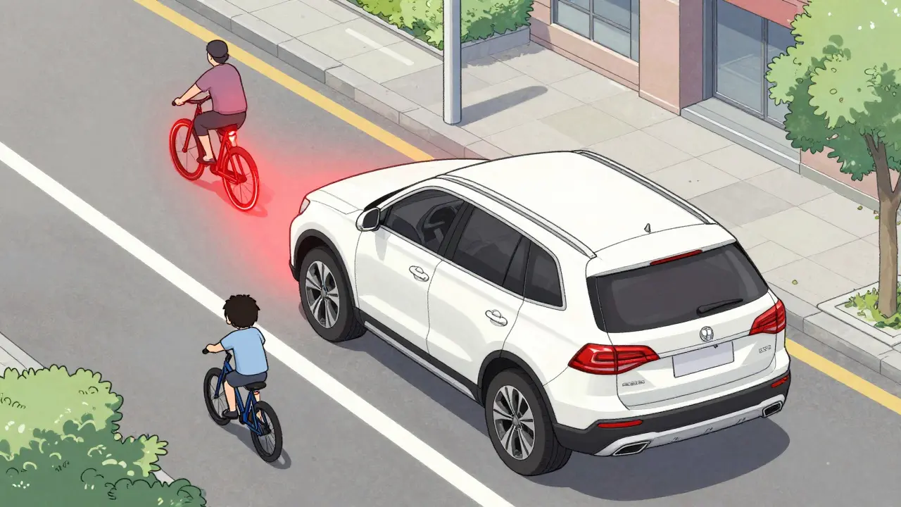 Дети и велосипедисты скрыты в слепой зоне позади кроссовера при сдаче задним ходом.