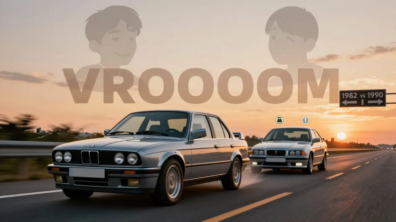 E30 и E36 на шоссе на закате: один — с шумом и эмоциями, другой — спокойно и технологично.