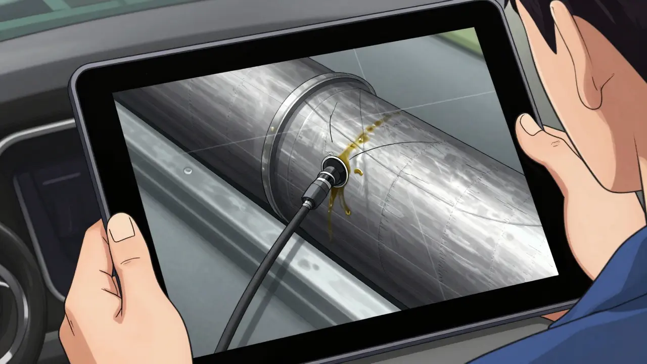 Эндоскоп показывает дефект цилиндра с сеткой масштаба.