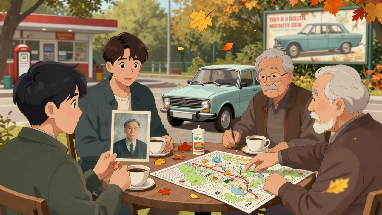 Люди за кофе в парке обсуждают карту поездки по историческим дорогам СССР, молодой человек держит фото с дедом.