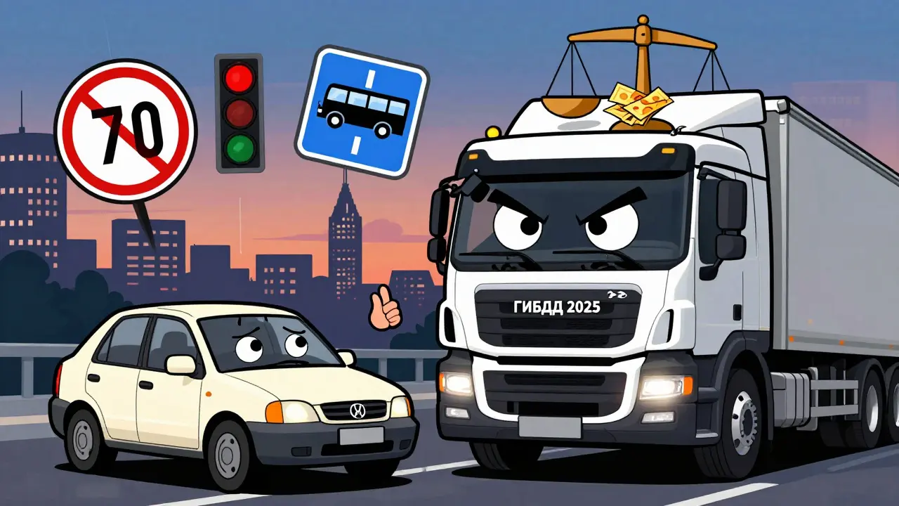 Маленькая машина против гигантского грузовика ГИБДД, над ними — символы нарушений и штрафов.