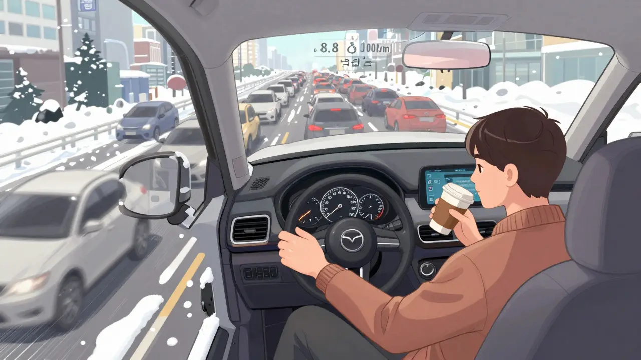 Mazda CX-5 плавно движется в пробке, на панели горит расход топлива 8,8 л/100 км, водитель спокойно пьёт кофе.